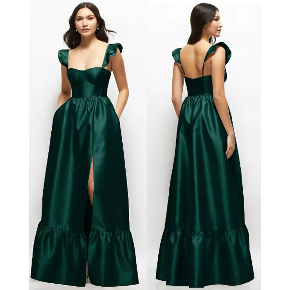Dessy Collection Satin Ruffle Strap Tiered Hem Corset Maxi Dress Evergreen Small